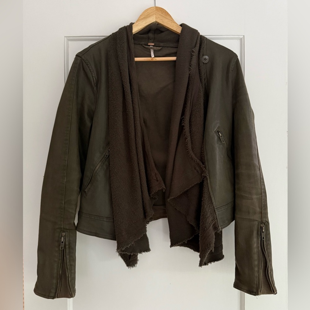 Free People Coated Denim Drape-Front Moto Jacket, Olive/Army Green (Size 8, M)